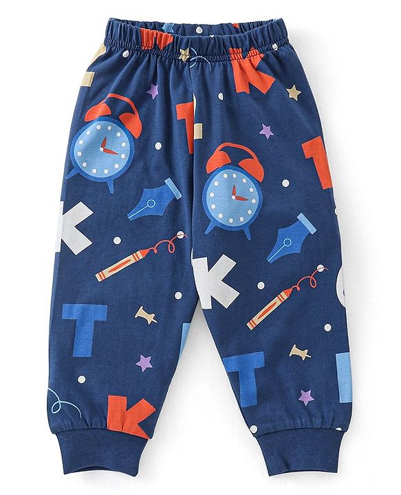 Babyhug Cotton Knit Full Sleeves Clock Printed Night Suit - Navy Blue