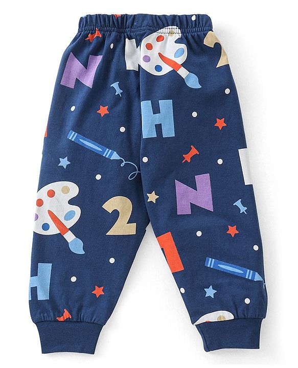 Babyhug Cotton Knit Full Sleeves Clock Printed Night Suit - Navy Blue