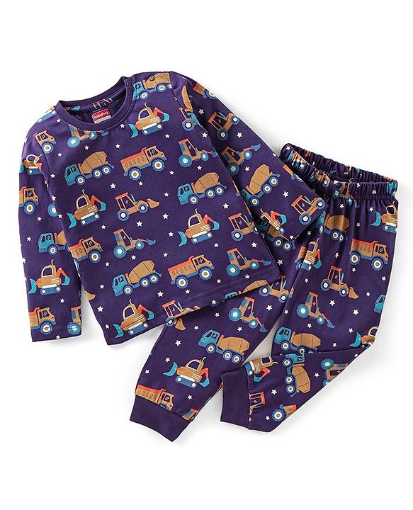 Babyhug Cotton Knit Full Sleeves Night Suit with Trucks Print - Purple