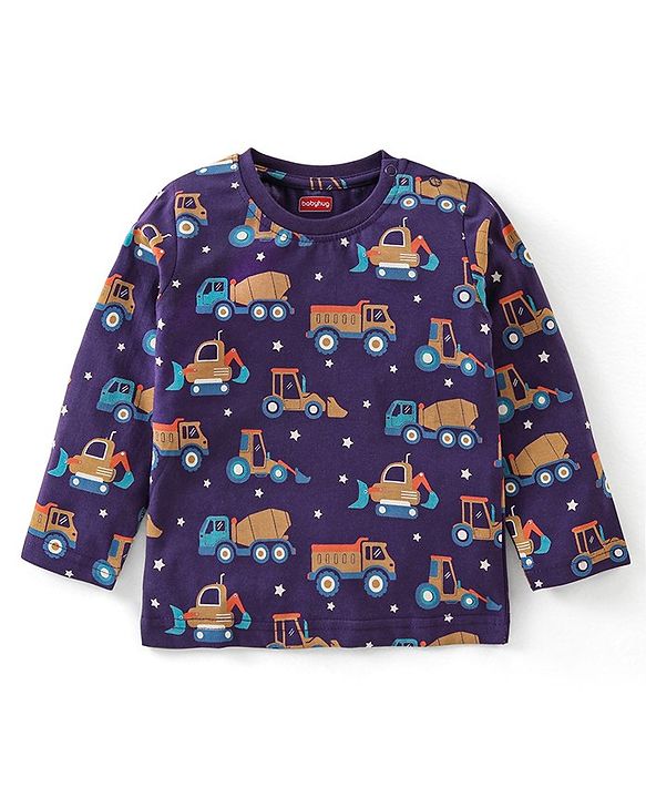 Babyhug Cotton Knit Full Sleeves Night Suit with Trucks Print - Purple