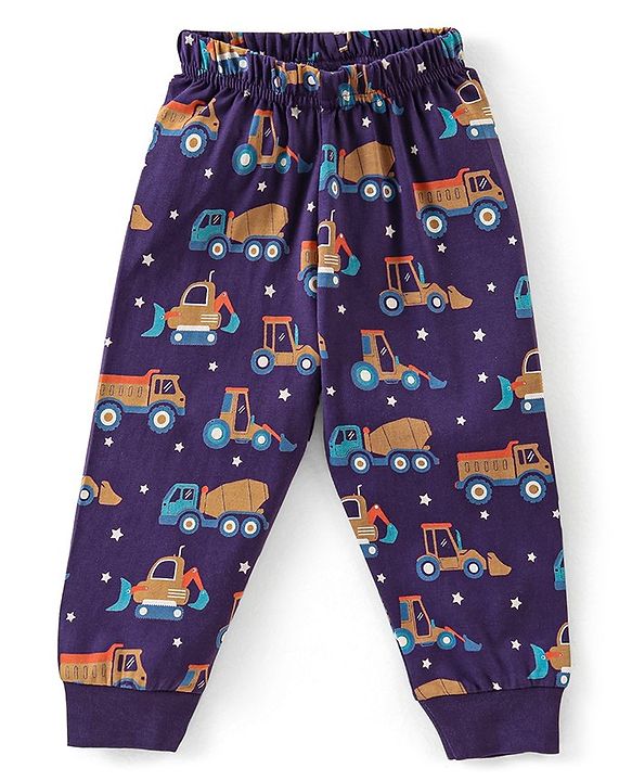 Babyhug Cotton Knit Full Sleeves Night Suit with Trucks Print - Purple