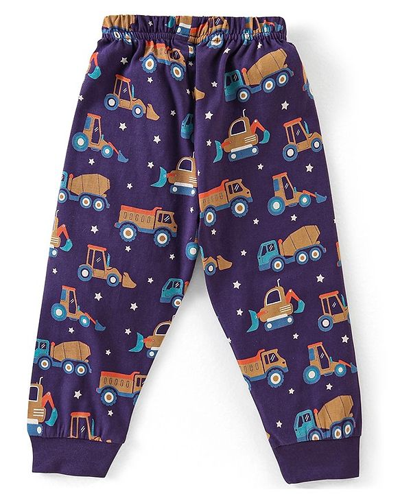 Babyhug Cotton Knit Full Sleeves Night Suit with Trucks Print - Purple
