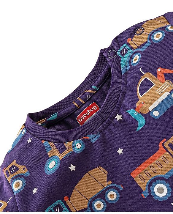 Babyhug Cotton Knit Full Sleeves Night Suit with Trucks Print - Purple