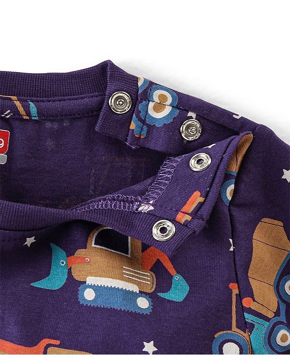 Babyhug Cotton Knit Full Sleeves Night Suit with Trucks Print - Purple