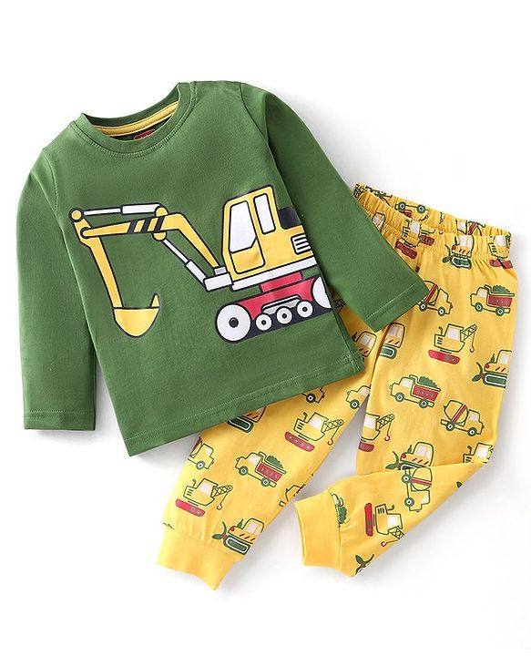 Babyhug Single Jersey Full Sleeves Night Suit With JCB Print - Green & Yellow