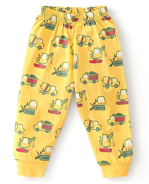 Babyhug Single Jersey Full Sleeves Night Suit With JCB Print - Green & Yellow