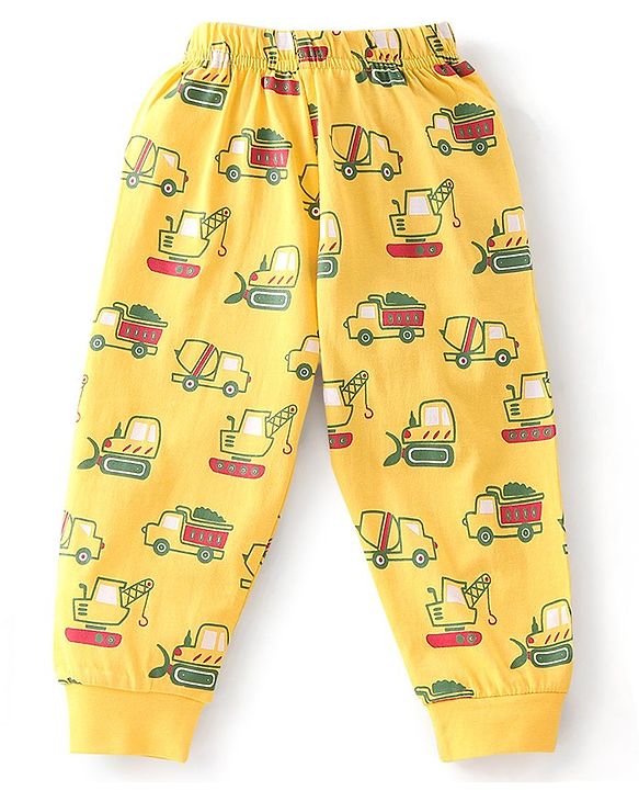 Babyhug Single Jersey Full Sleeves Night Suit With JCB Print - Green & Yellow