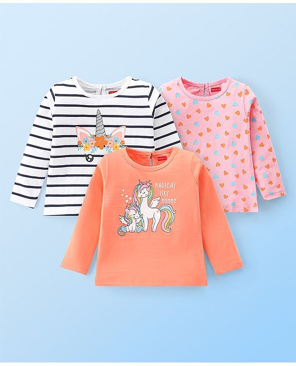 Babyhug Cotton Knit Full Sleeves T-Shirts Heart & Unicorn Print - Pink Peach & White