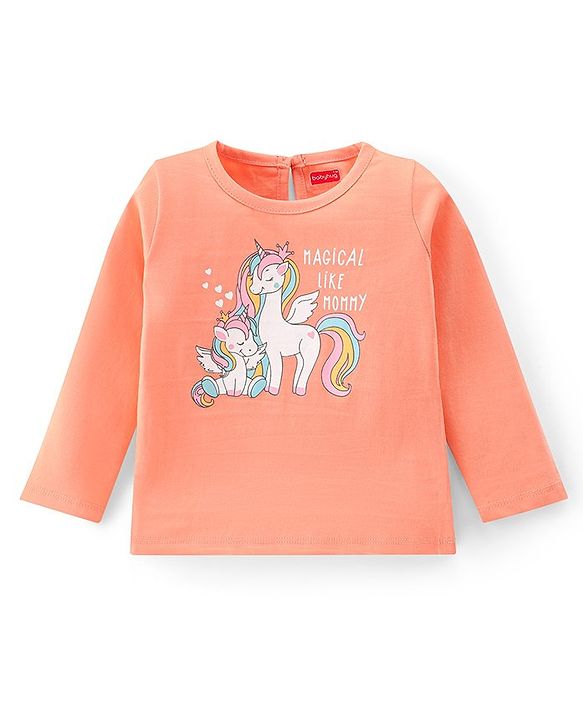 Babyhug Cotton Knit Full Sleeves T-Shirts Heart & Unicorn Print - Pink Peach & White