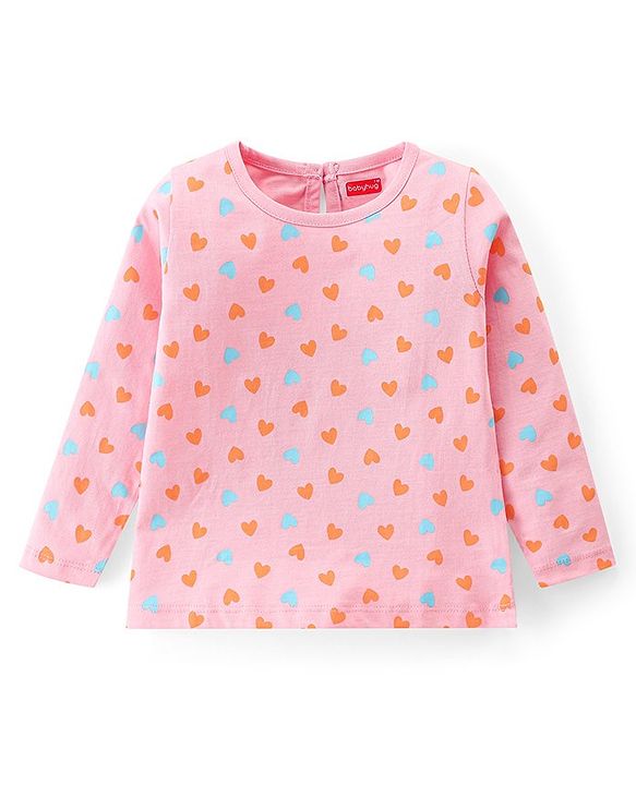 Babyhug Cotton Knit Full Sleeves T-Shirts Heart & Unicorn Print - Pink Peach & White