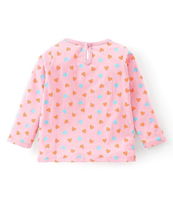 Babyhug Cotton Knit Full Sleeves T-Shirts Heart & Unicorn Print - Pink Peach & White