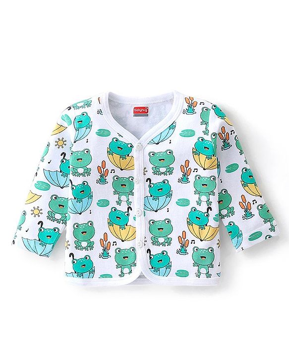 Babyhug Cotton Interlock Knit Full Sleeves Front Open Vests Striped & Frog Print Pack Of 3 - Green White & Yellow