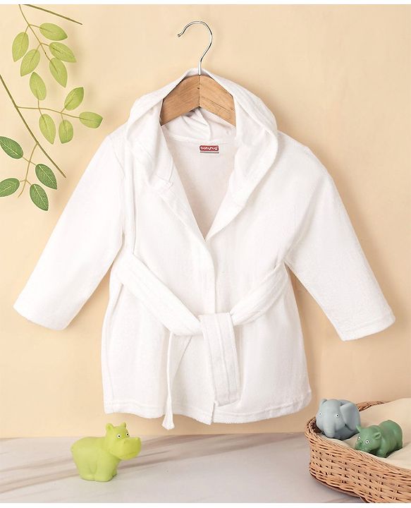 Babyhug Cotton Terry Knit Full Sleeves Solid Color Hooded Bath Robe - White