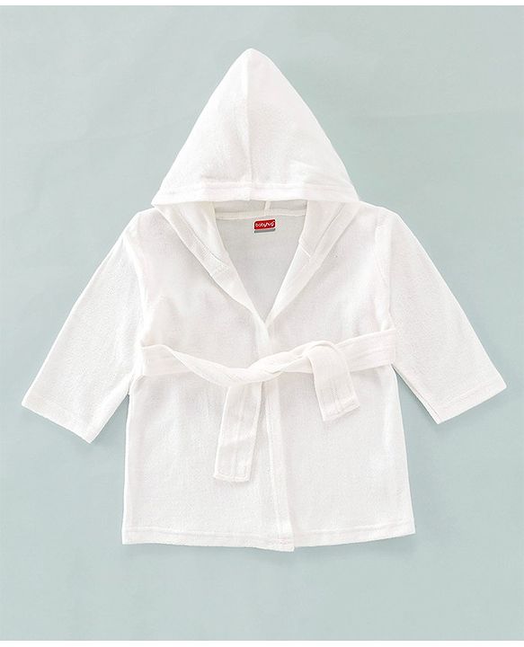 Babyhug Cotton Terry Knit Full Sleeves Solid Color Hooded Bath Robe - White