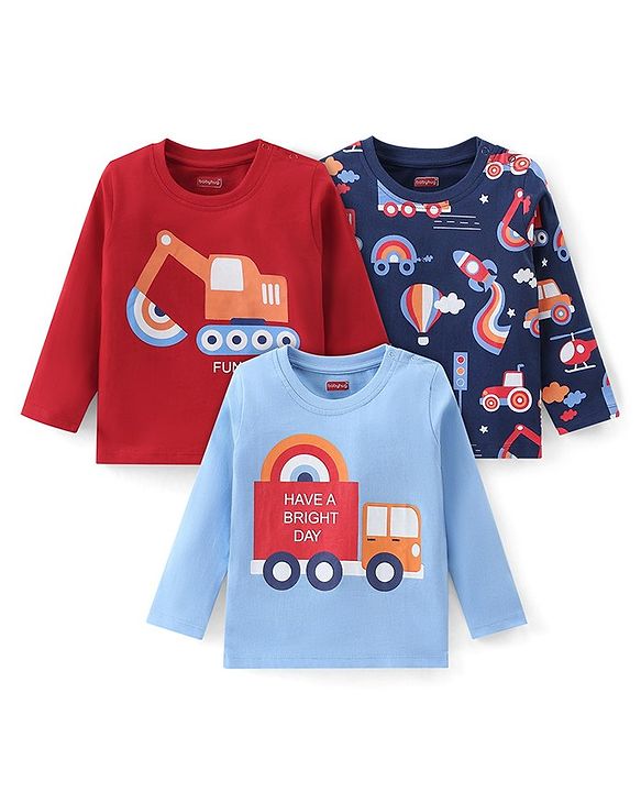 Babyhug Cotton Knit Pack of 3 Full Sleeves T-Shirts with Construction Vehicles Graphic Print - Red & Blue