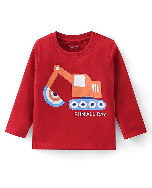 Babyhug Cotton Knit Pack of 3 Full Sleeves T-Shirts with Construction Vehicles Graphic Print - Red & Blue