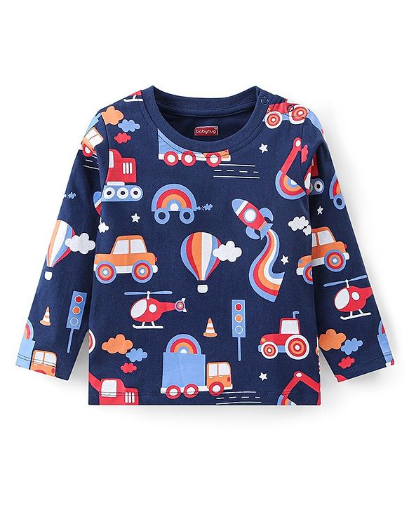 Babyhug Cotton Knit Pack of 3 Full Sleeves T-Shirts with Construction Vehicles Graphic Print - Red & Blue