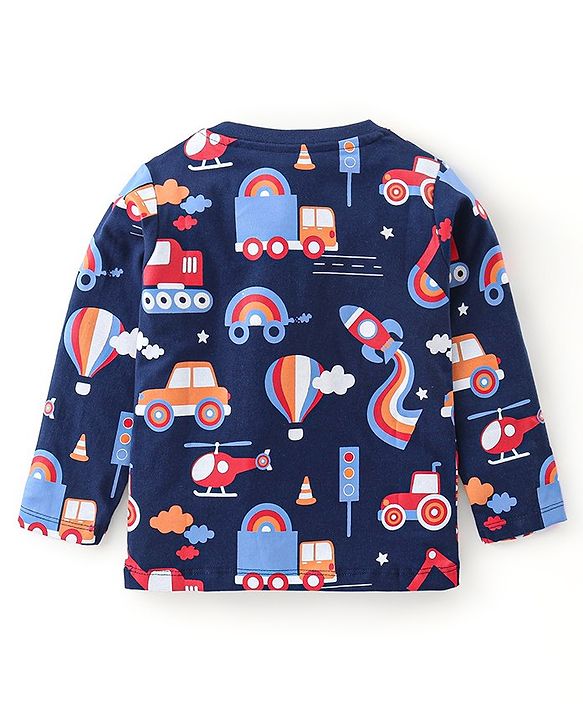 Babyhug Cotton Knit Pack of 3 Full Sleeves T-Shirts with Construction Vehicles Graphic Print - Red & Blue