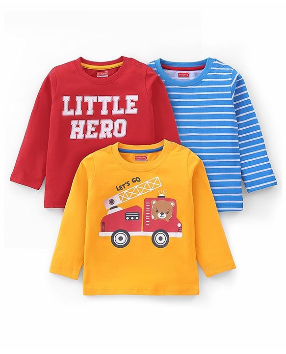 Babyhug Full Sleeves T-Shirt with Graphics Print & Striped Pack of 3 - Blue Red & Yellow