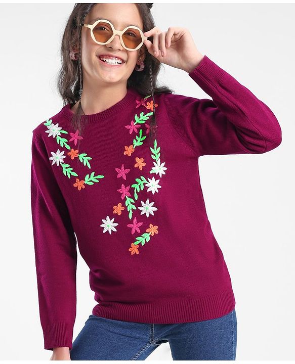 Pine Kids Full Sleeves Floral Embroidery Sweater - Voilet