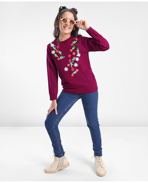 Pine Kids Full Sleeves Floral Embroidery Sweater - Voilet