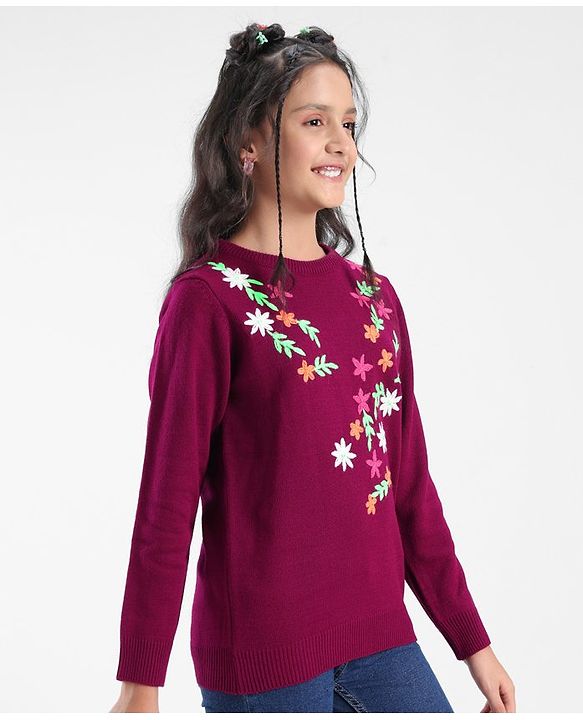 Pine Kids Full Sleeves Floral Embroidery Sweater - Voilet