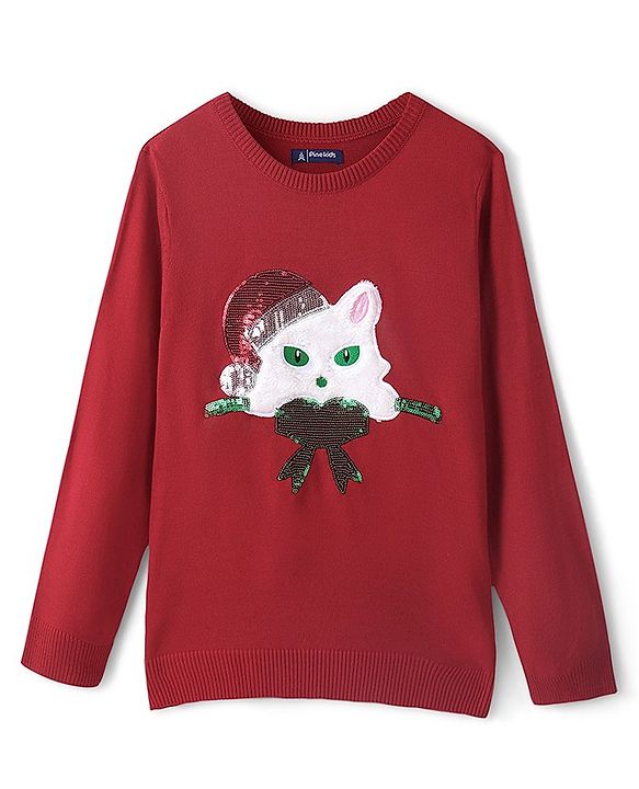 Pine Kids Full Sleeves Christmas Cat Applique Pullovers - Red