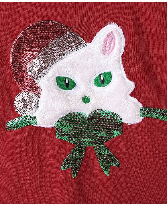 Pine Kids Full Sleeves Christmas Cat Applique Pullovers - Red
