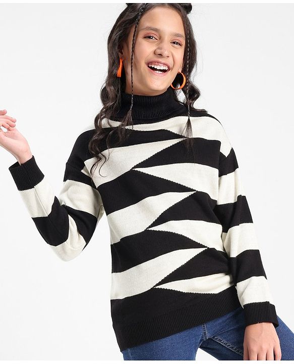 Pine Kids Full Sleeves Turtle Neck Geometric Structure Sweater - Black And White