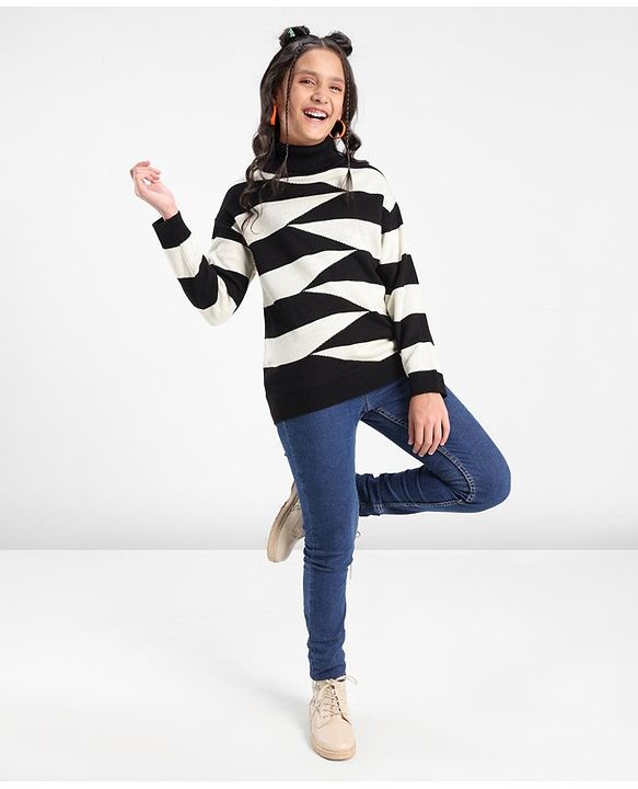 Pine Kids Full Sleeves Turtle Neck Geometric Structure Sweater - Black And White