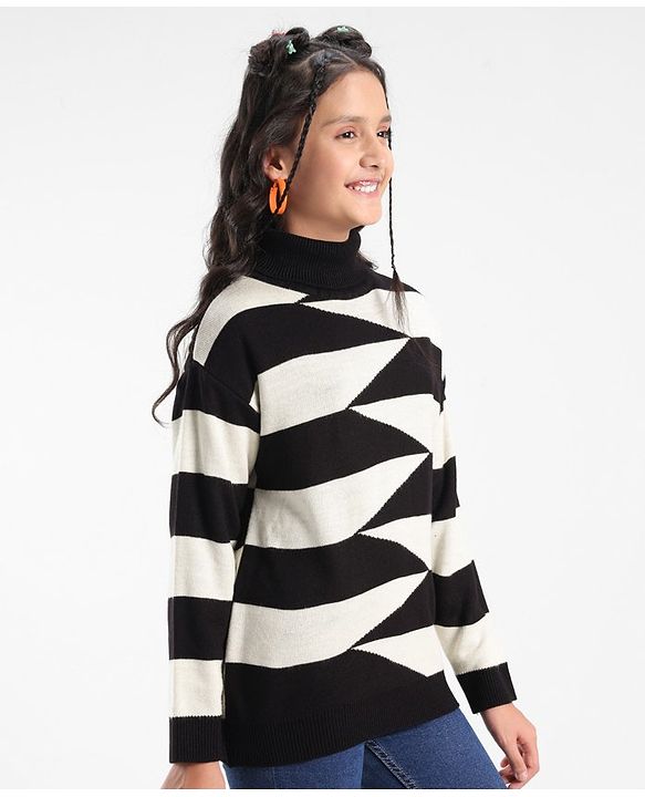 Pine Kids Full Sleeves Turtle Neck Geometric Structure Sweater - Black And White