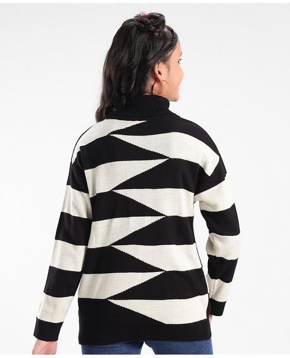 Pine Kids Full Sleeves Turtle Neck Geometric Structure Sweater - Black And White