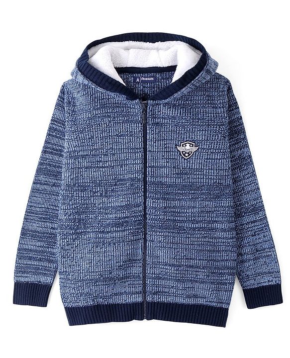 Pine Kids Full Sleeves Front Open Zipper Sweater With Hood - Navy Blue