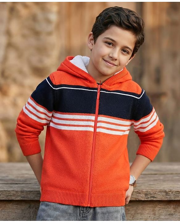 Pine Kids Knitted Full Sleeves Stiped Front Open Zipper Hooded Sweater - Orange