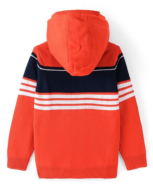 Pine Kids Knitted Full Sleeves Stiped Front Open Zipper Hooded Sweater - Orange