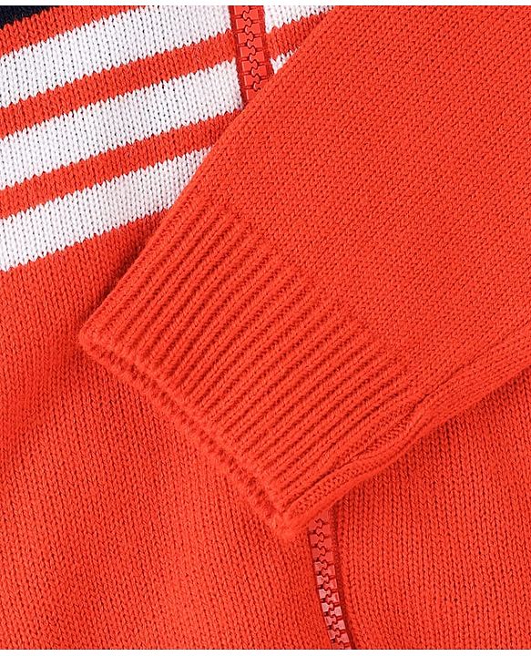 Pine Kids Knitted Full Sleeves Stiped Front Open Zipper Hooded Sweater - Orange