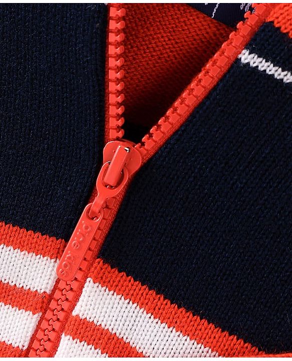 Pine Kids Knitted Full Sleeves Stiped Front Open Zipper Hooded Sweater - Orange