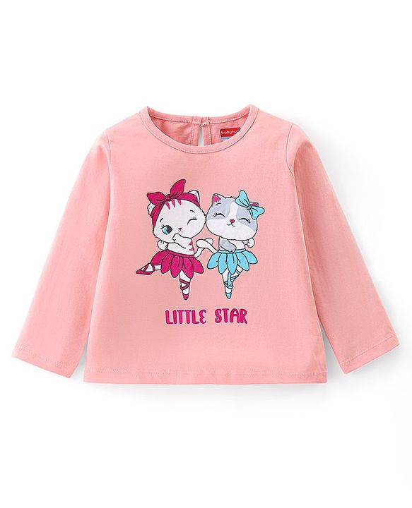 Babyhug Cotton Knit Full Sleeves T-Shirt With Kitty Graphics - Pink