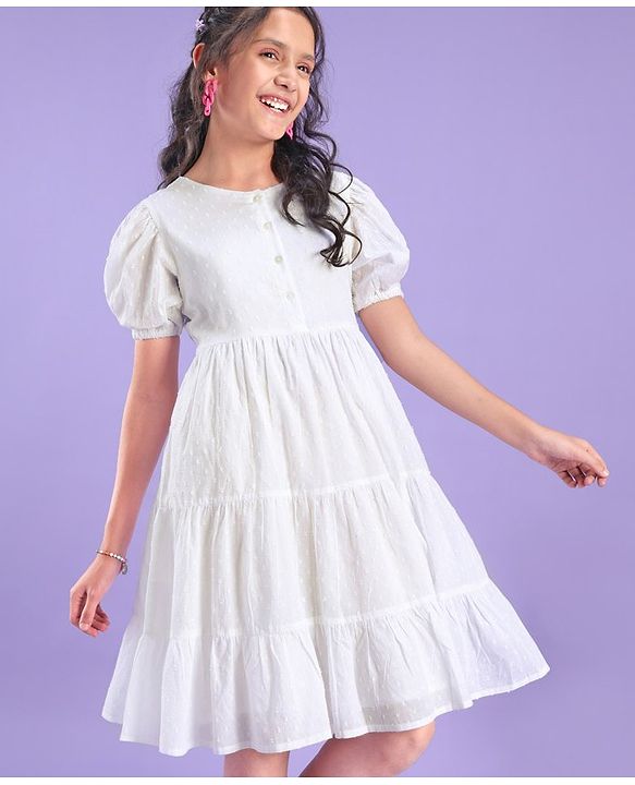Pine Kids Half Sleeves Cotton Dobby Front Open Tier Frock - White