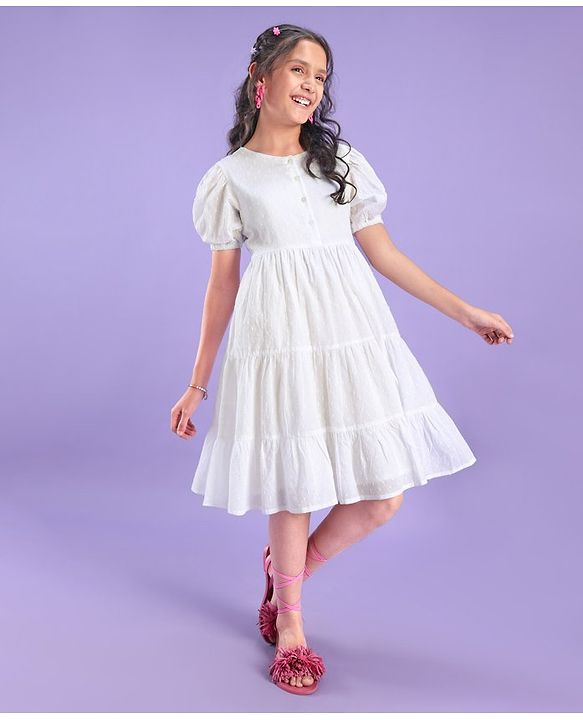Pine Kids Half Sleeves Cotton Dobby Front Open Tier Frock - White