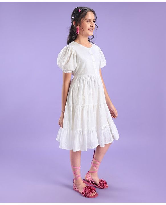 Pine Kids Half Sleeves Cotton Dobby Front Open Tier Frock - White