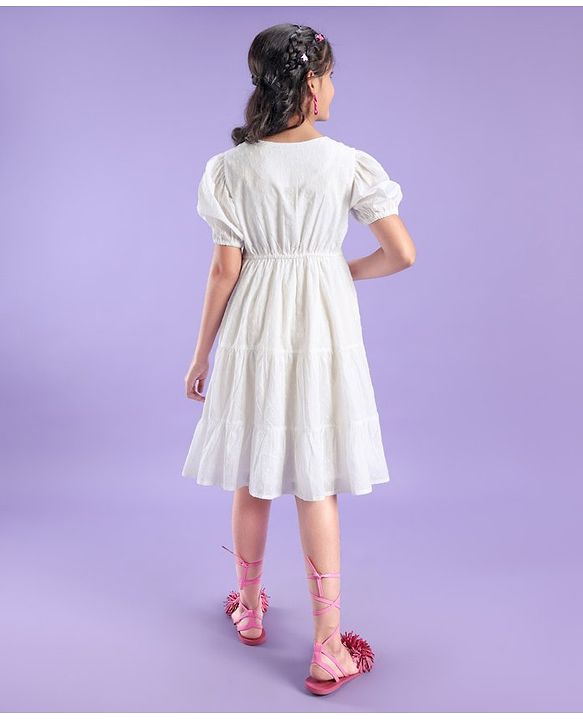 Pine Kids Half Sleeves Cotton Dobby Front Open Tier Frock - White