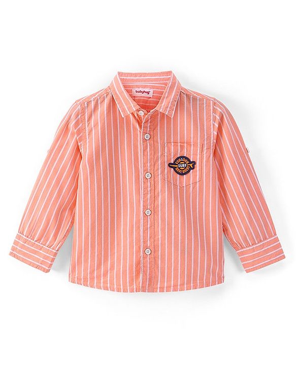 Babyhug Cotton Woven Full Sleeves Shirt Text Pocket Embroidery & Striped - Orange