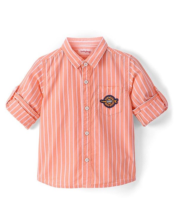 Babyhug Cotton Woven Full Sleeves Shirt Text Pocket Embroidery & Striped - Orange