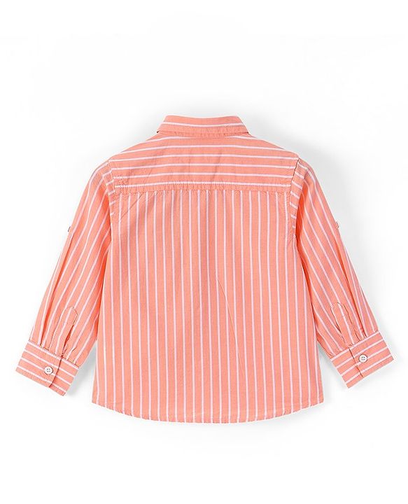 Babyhug Cotton Woven Full Sleeves Shirt Text Pocket Embroidery & Striped - Orange