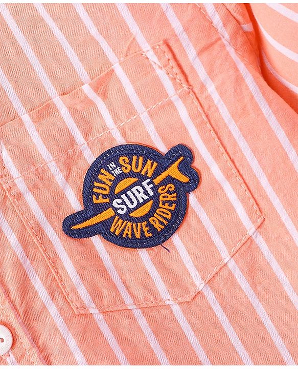 Babyhug Cotton Woven Full Sleeves Shirt Text Pocket Embroidery & Striped - Orange