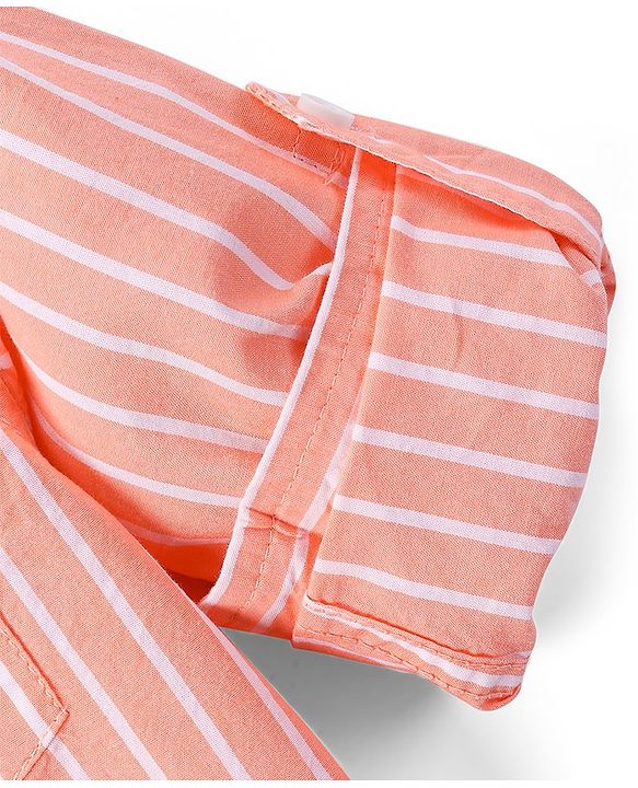 Babyhug Cotton Woven Full Sleeves Shirt Text Pocket Embroidery & Striped - Orange