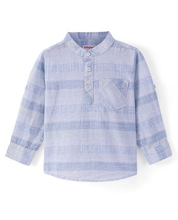 Babyhug Cotton Full Sleeves Mandarin Collared Striped Kurta Shirt - Blue