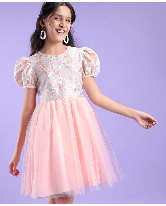 Pine Kids Half Sleeves Embroidered Knee Length Party Wear Dress - Peach