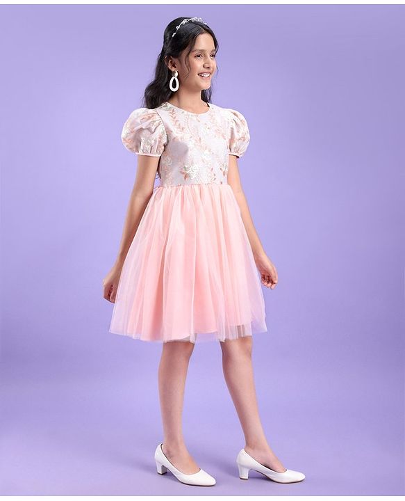 Pine Kids Half Sleeves Embroidered Knee Length Party Wear Dress - Peach